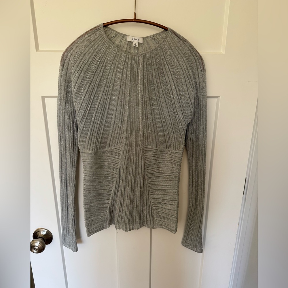 REISS Isobel long sleeved metallic silver ribbed semi sheer top
